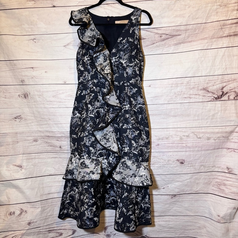 Keepsake the Label Asymmetrical Floral Ruffle Midi Dress in Black and White M